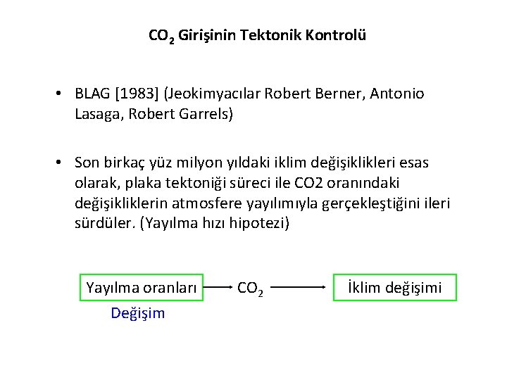 CO 2 Girişinin Tektonik Kontrolü • BLAG [1983] (Jeokimyacılar Robert Berner, Antonio Lasaga, Robert