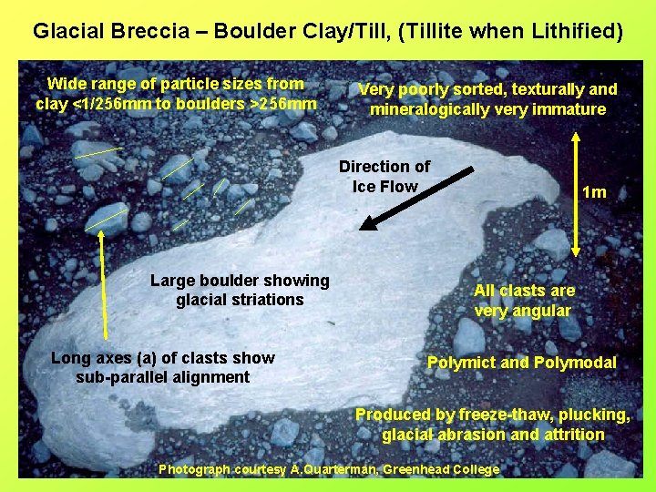 Glacial Breccia – Boulder Clay/Till, (Tillite when Lithified) Wide range of particle sizes from