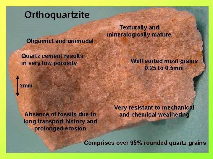 Orthoquartzite Oligomict and unimodal Quartz cement results in very low porosity Texturally and mineralogically