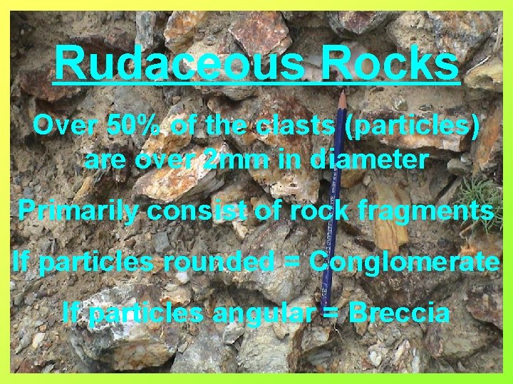 Rudaceous Rocks Over 50% of the clasts (particles) are over 2 mm in diameter