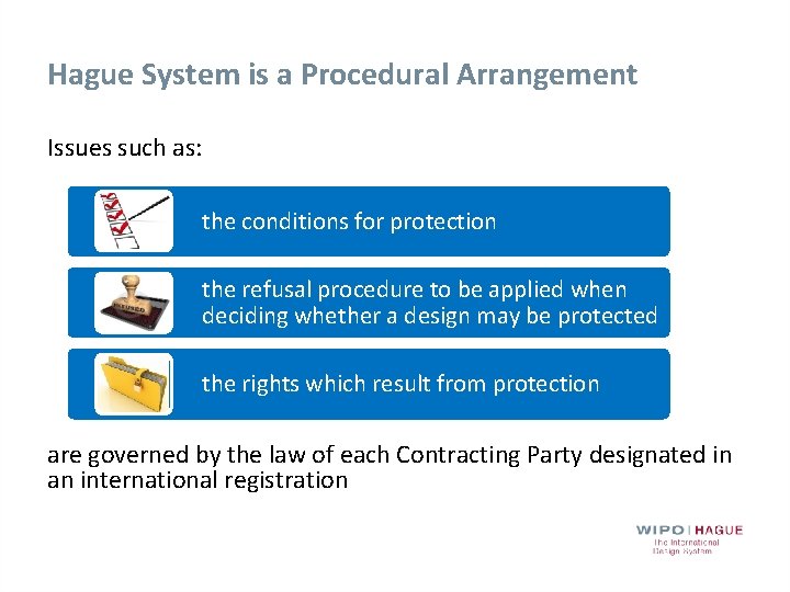 Hague System is a Procedural Arrangement Issues such as: the conditions for protection the