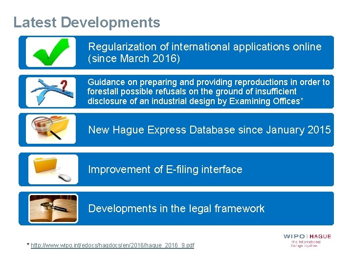 Latest Developments Regularization of international applications online (since March 2016) Guidance on preparing and