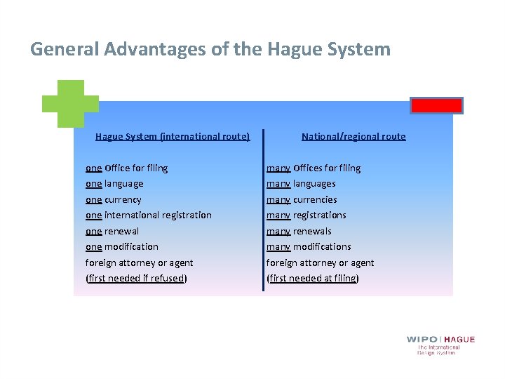 General Advantages of the Hague System (international route) National/regional route one Office for filing