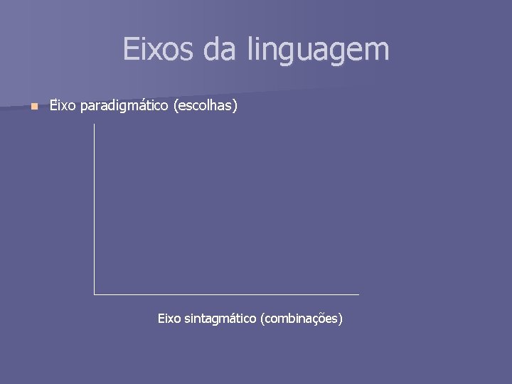 Eixos da linguagem n Eixo paradigmático (escolhas) Eixo sintagmático (combinações) 