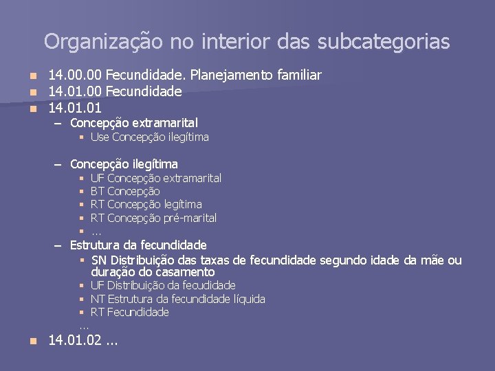 Organização no interior das subcategorias n n n 14. 00 Fecundidade. Planejamento familiar 14.