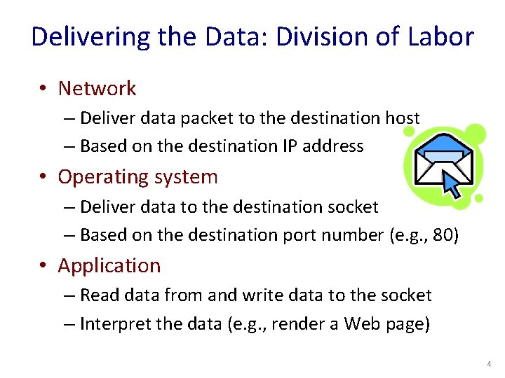 Delivering the Data: Division of Labor • Network – Deliver data packet to the