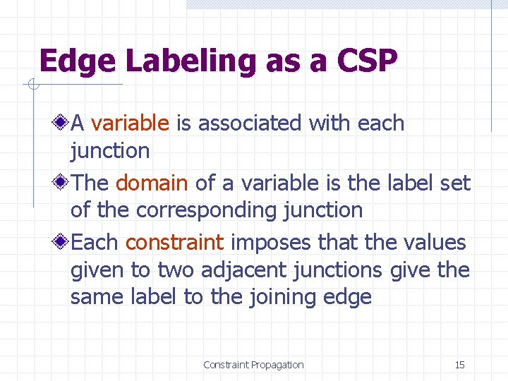 Edge Labeling as a CSP A variable is associated with each junction The domain