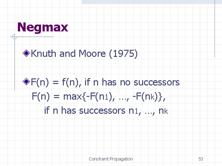 Negmax Knuth and Moore (1975) F(n) = f(n), if n has no successors F(n)