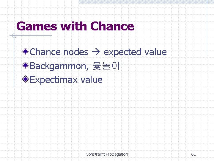 Games with Chance nodes expected value Backgammon, 윷놀이 Expectimax value Constraint Propagation 61 
