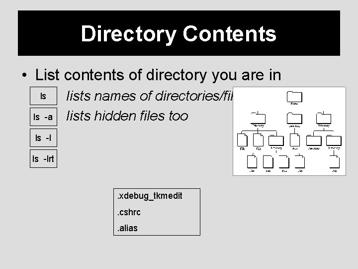 Directory Contents • List contents of directory you are in ls ls -a lists