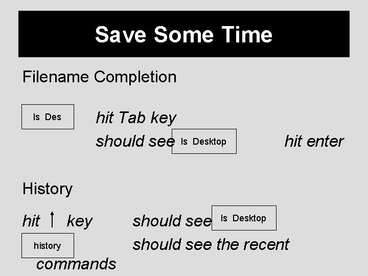 Save Some Time Filename Completion hit Tab key should see ls Desktop hit enter