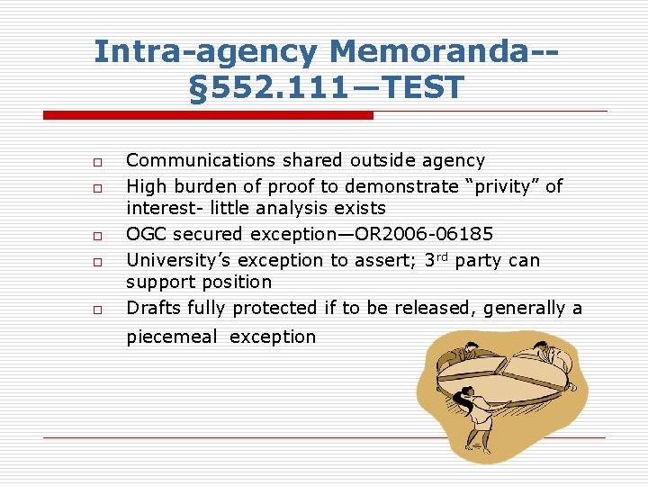 Intra-agency Memoranda-§ 552. 111—TEST o o o Communications shared outside agency High burden of