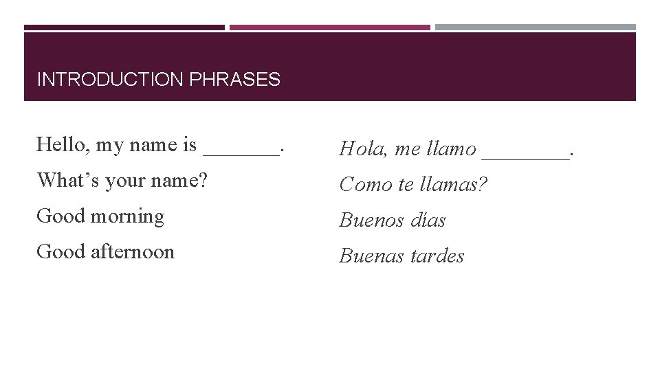 INTRODUCTION PHRASES Hello, my name is _______. Hola, me llamo ____. What’s your name?