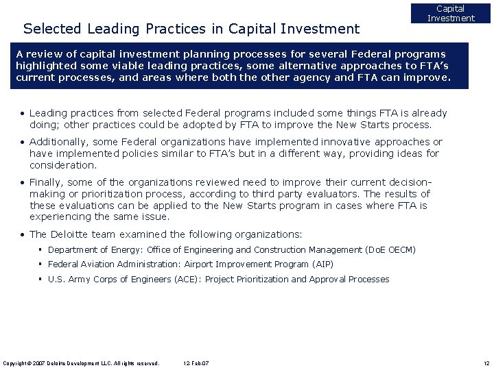 Selected Leading Practices in Capital Investment A review of capital investment planning processes for