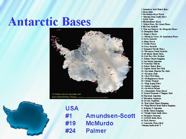 Antarctic Bases USA #1 #19 #24 Amundsen-Scott Mc. Murdo Palmer 1 Amundsen-Scott United States