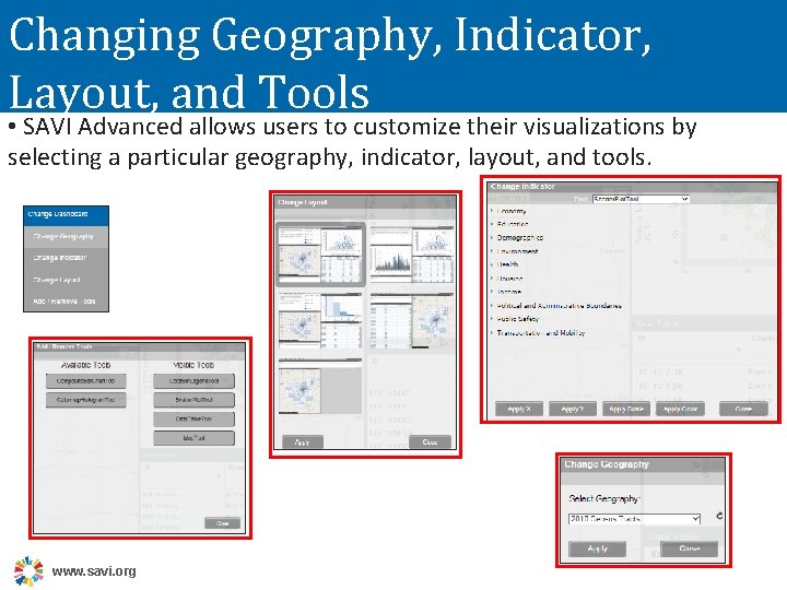 Changing Geography, Indicator, Layout, and Tools • SAVI Advanced allows users to customize their