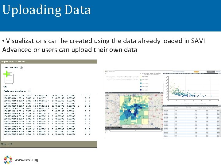 Uploading Data • Visualizations can be created using the data already loaded in SAVI