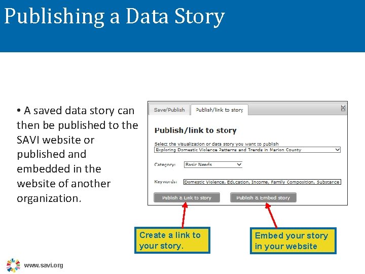 Publishing a Data Story • A saved data story can then be published to