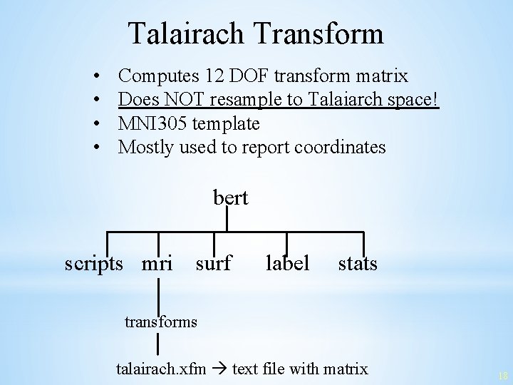 Talairach Transform • • Computes 12 DOF transform matrix Does NOT resample to Talaiarch