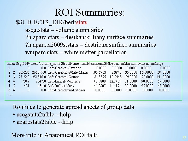ROI Summaries: $SUBJECTS_DIR/bert/stats aseg. stats – volume summaries ? h. aparc. stats – desikan/killiany