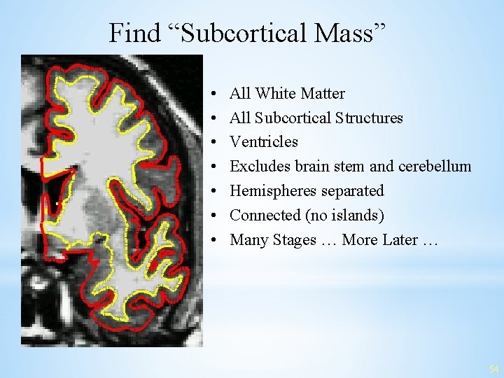Find “Subcortical Mass” • • All White Matter All Subcortical Structures Ventricles Excludes brain