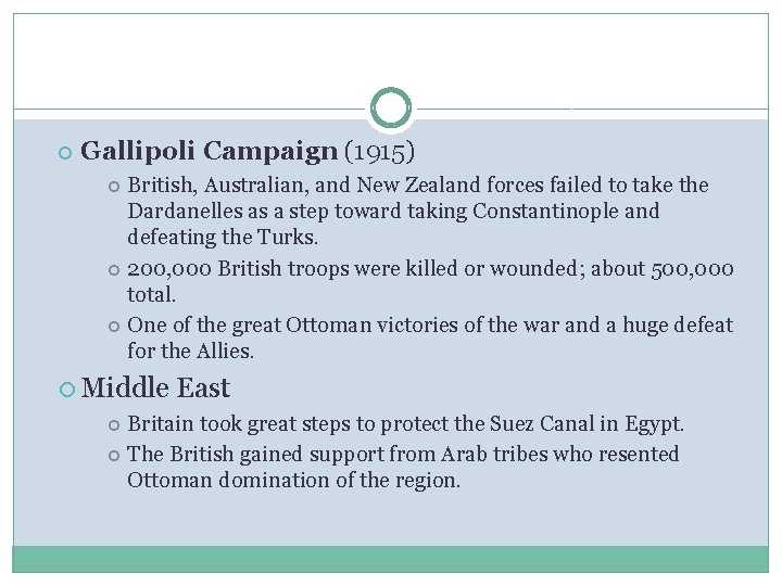  Gallipoli Campaign (1915) British, Australian, and New Zealand forces failed to take the