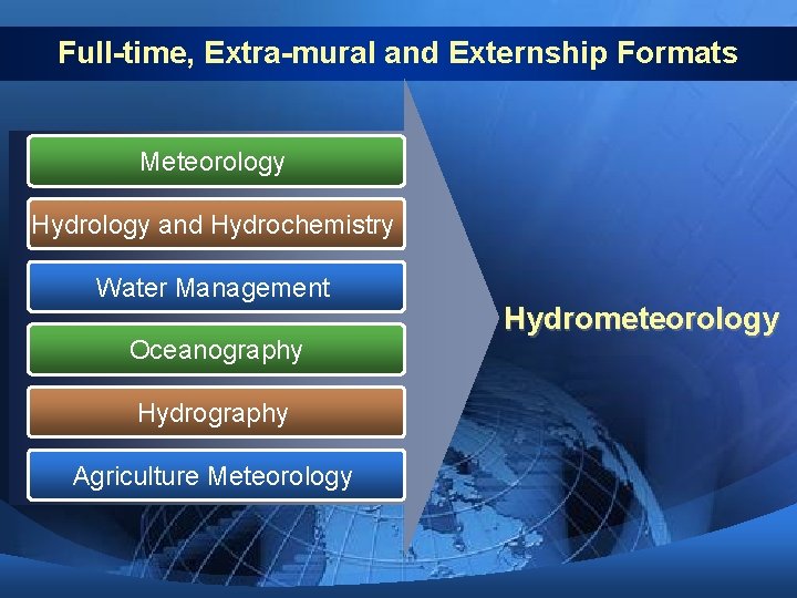 Full-time, Extra-mural and Externship Formats Meteorology Hydrology and Hydrochemistry Water Management Oceanography Hydrography Agriculture Full-time, Extra-mural and Externship Formats Meteorology Hydrology and Hydrochemistry Water Management Oceanography Hydrography Agriculture