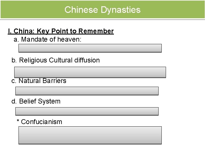 Chinese Dynasties I. China: Key Point to Remember a. Mandate of heaven: * political