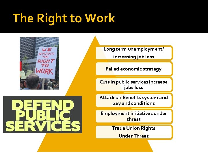 The Right to Work Long term unemployment/ increasing job loss Failed economic strategy Cuts