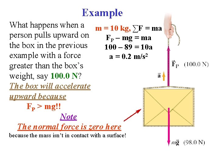 Example What happens when a m = 10 kg, ∑F = ma person pulls