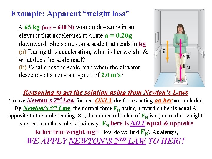 Example: Apparent “weight loss” A 65 -kg (mg = 640 N) woman descends in