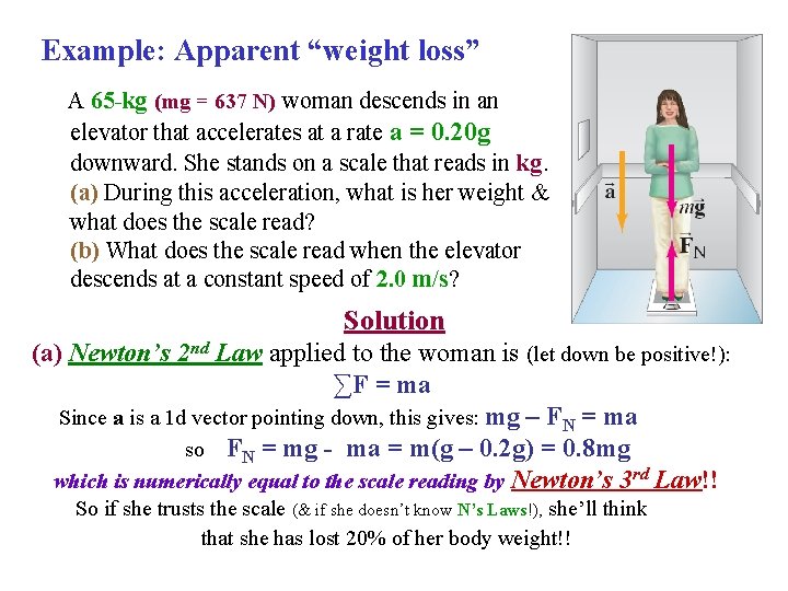 Example: Apparent “weight loss” A 65 -kg (mg = 637 N) woman descends in