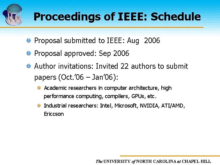 Proceedings of IEEE: Schedule Proposal submitted to IEEE: Aug 2006 Proposal approved: Sep 2006