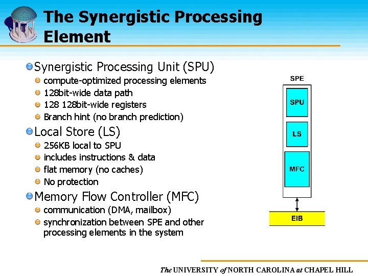 The Synergistic Processing Element Synergistic Processing Unit (SPU) compute-optimized processing elements 128 bit-wide data