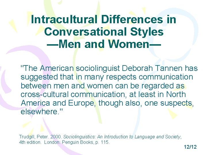 Intracultural Differences in Conversational Styles —Men and Women— "The American sociolinguist Deborah Tannen has