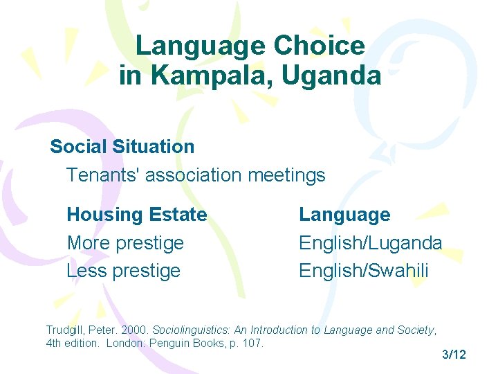 Language Choice in Kampala, Uganda Social Situation Tenants' association meetings Housing Estate More prestige