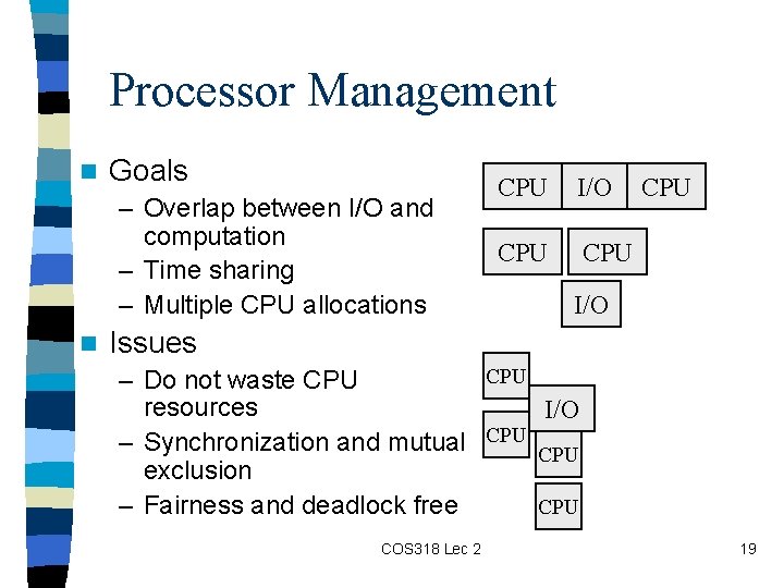 Processor Management n Goals – Overlap between I/O and computation – Time sharing –