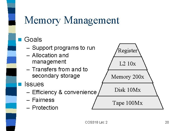 Memory Management n Goals – Support programs to run – Allocation and management –