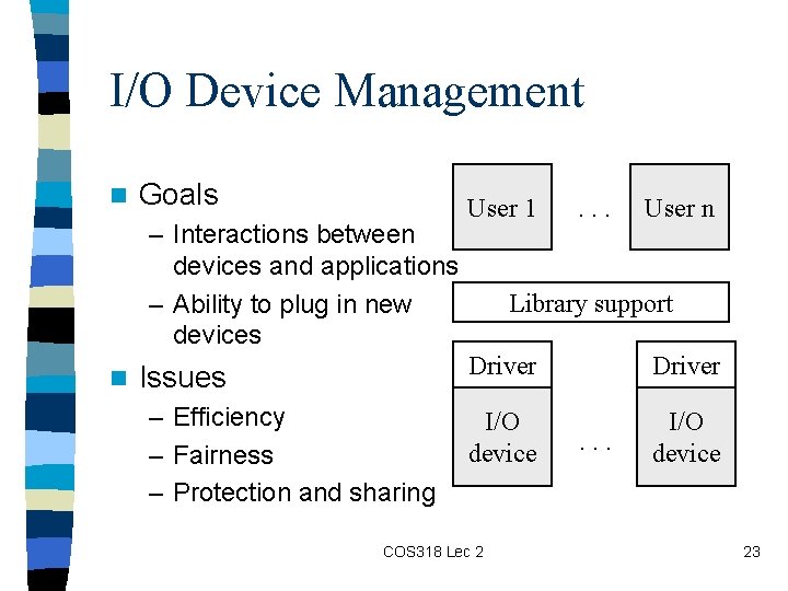 I/O Device Management n Goals – Interactions between devices and applications – Ability to