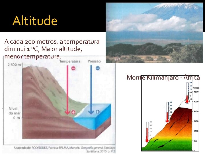 Altitude A cada 200 metros, a temperatura diminui 1 ºC, Maior altitude, menor temperatura.