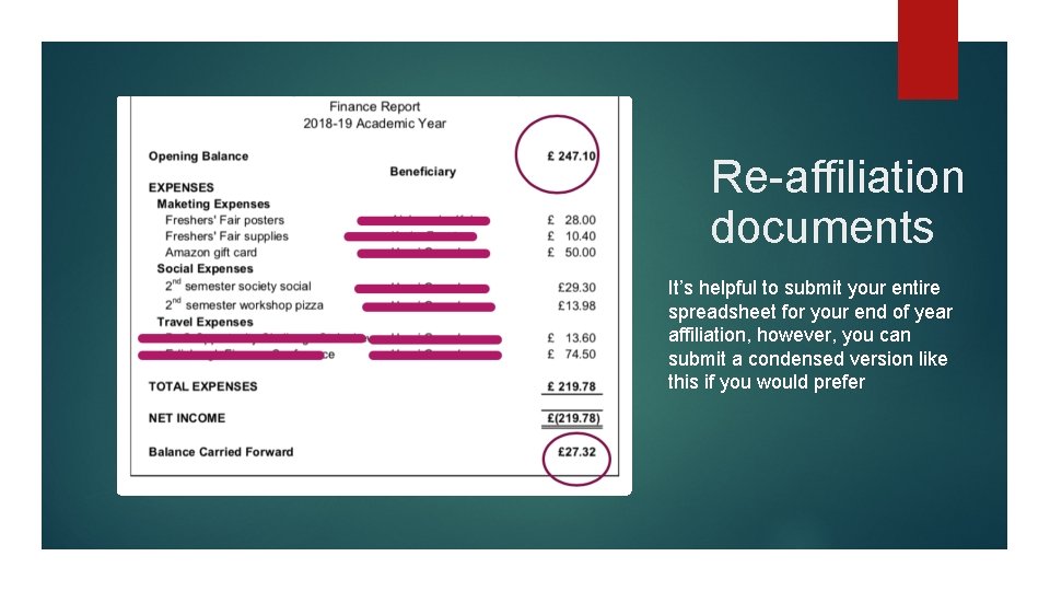 Re-affiliation documents It’s helpful to submit your entire spreadsheet for your end of year