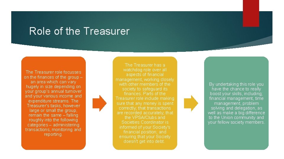 Role of the Treasurer The Treasurer role focusses on the finances of the group