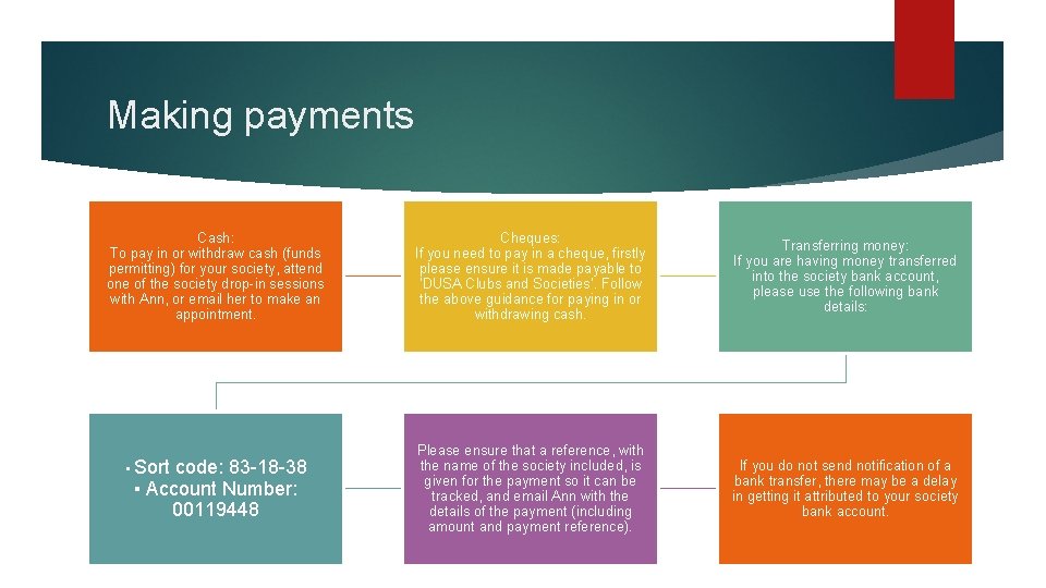 Making payments Cash: To pay in or withdraw cash (funds permitting) for your society,