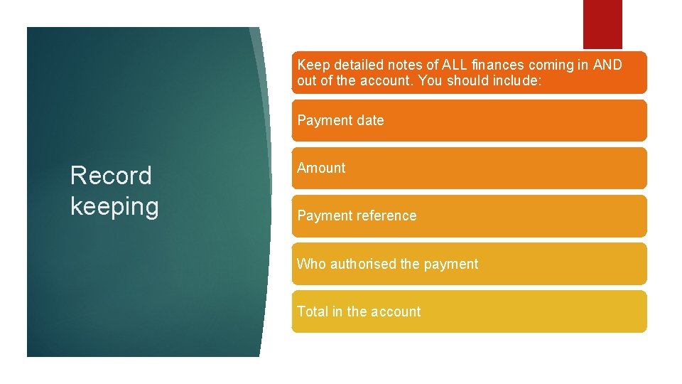 Keep detailed notes of ALL finances coming in AND out of the account. You