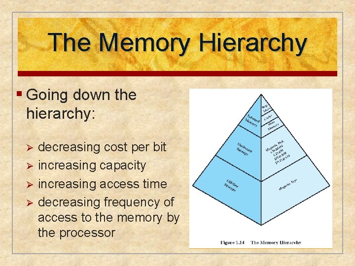 The Memory Hierarchy § Going down the hierarchy: decreasing cost per bit Ø increasing The Memory Hierarchy § Going down the hierarchy: decreasing cost per bit Ø increasing