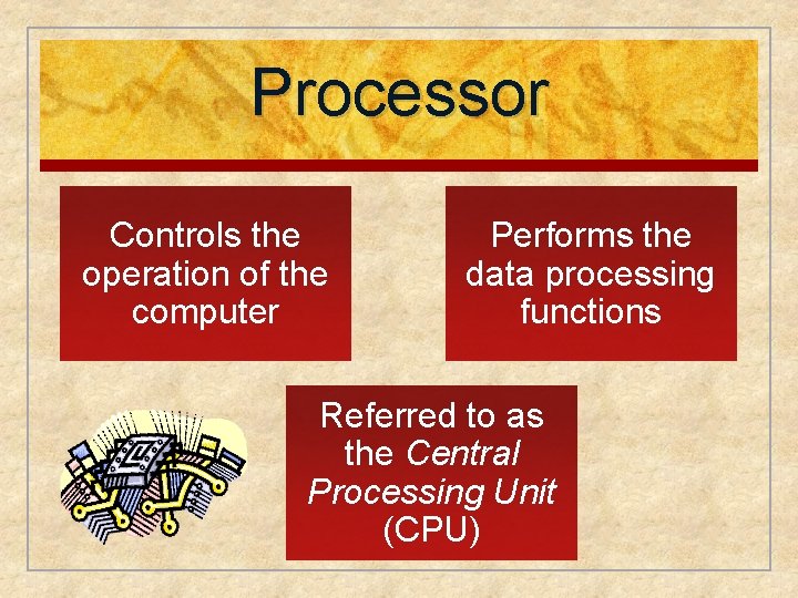 Processor Controls the operation of the computer Performs the data processing functions Referred to Processor Controls the operation of the computer Performs the data processing functions Referred to