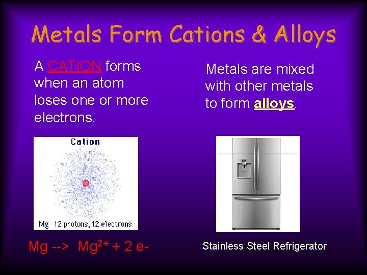 Metals Form Cations & Alloys A CATION forms when an atom loses one or
