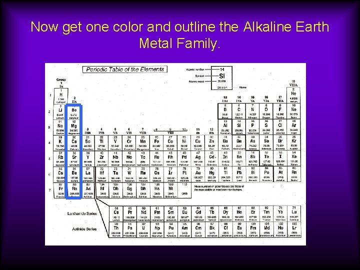 Now get one color and outline the Alkaline Earth Metal Family. 