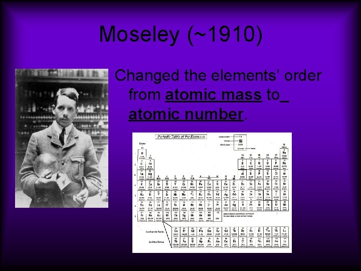 Moseley (~1910) Changed the elements’ order from atomic mass to atomic number. 