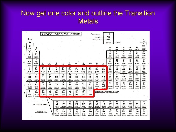 Now get one color and outline the Transition Metals 